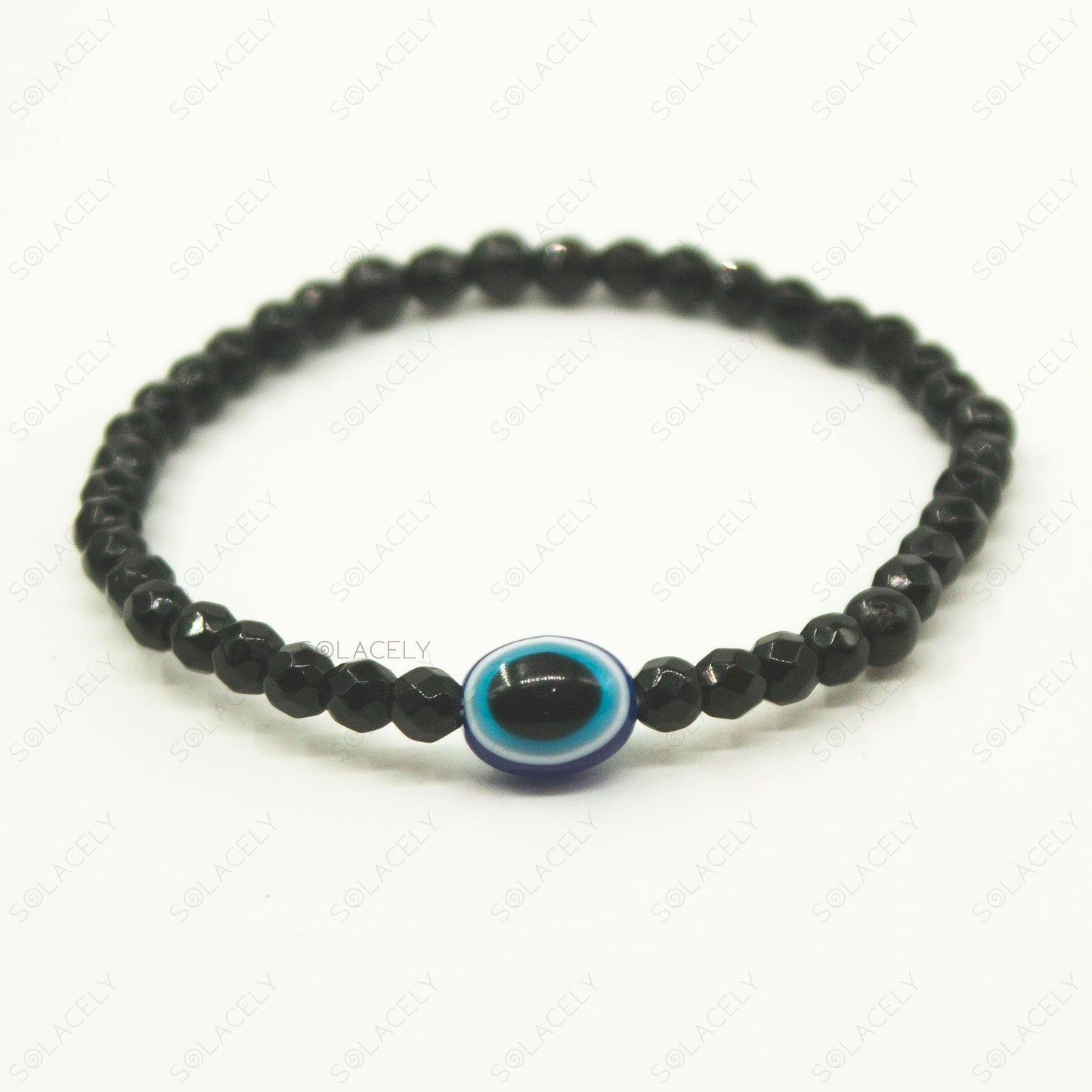 Faceted Black Tourmaline with Evil Eye Bracelet - 4mm Beads