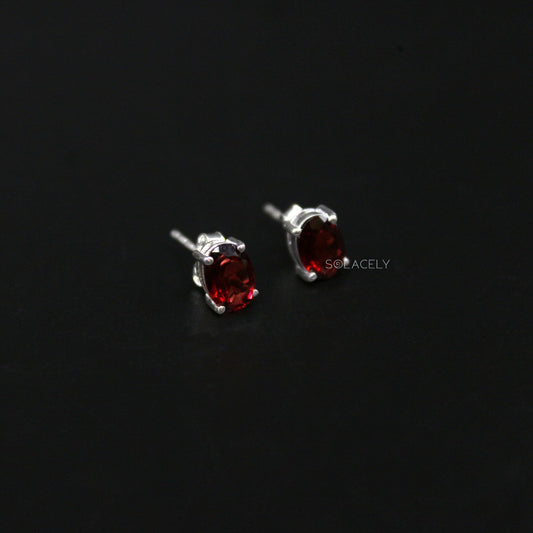 Dainty Red Garnet Sterling Silver Stud Earrings