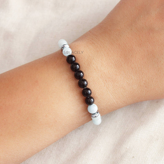 Mother of Pearl and Black Tourmaline Couple Bracelet - 6mm Beads