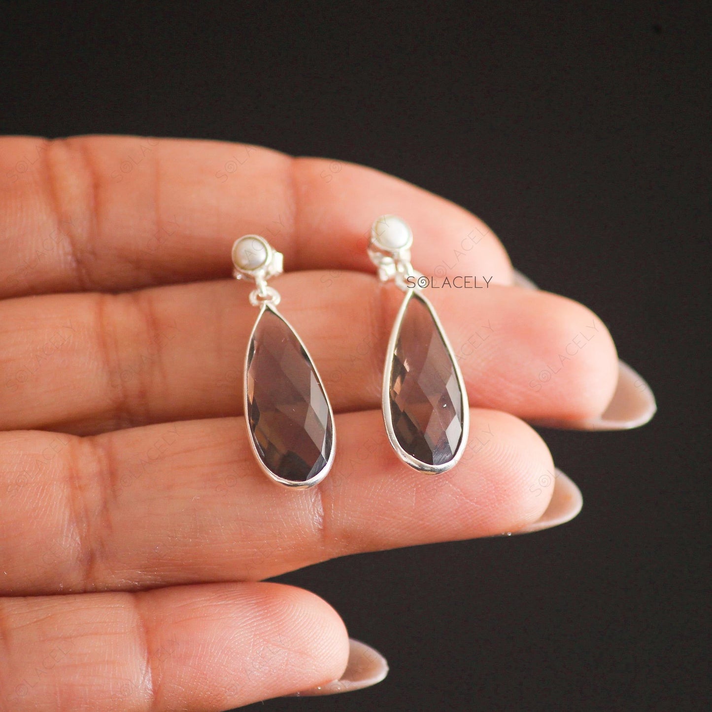 Sterling Silver Pear Cut Smoky Quartz Crystal Earrings