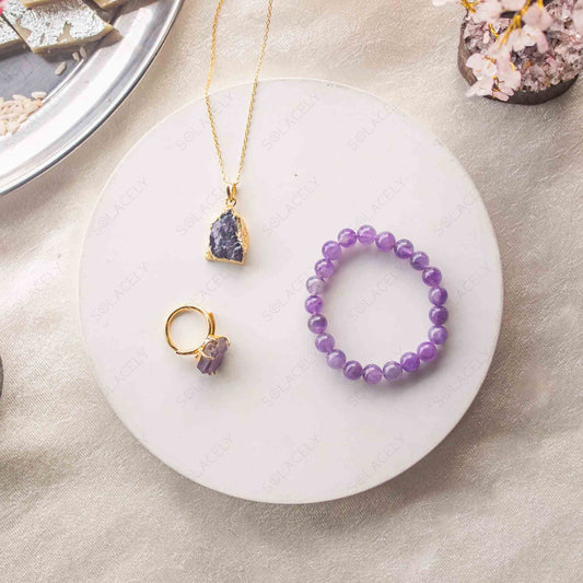 amethyst bracelet, amethyst ring and amethyst pendant rakhi gift hamper for sister