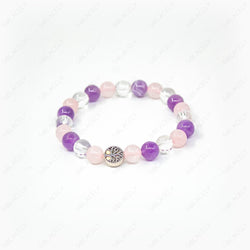 amethyst, rose quartz and clear quartz with tree of life charm