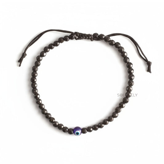 Black Tourmaline Anklet with Evil Eye and 4mm Faceted Beads