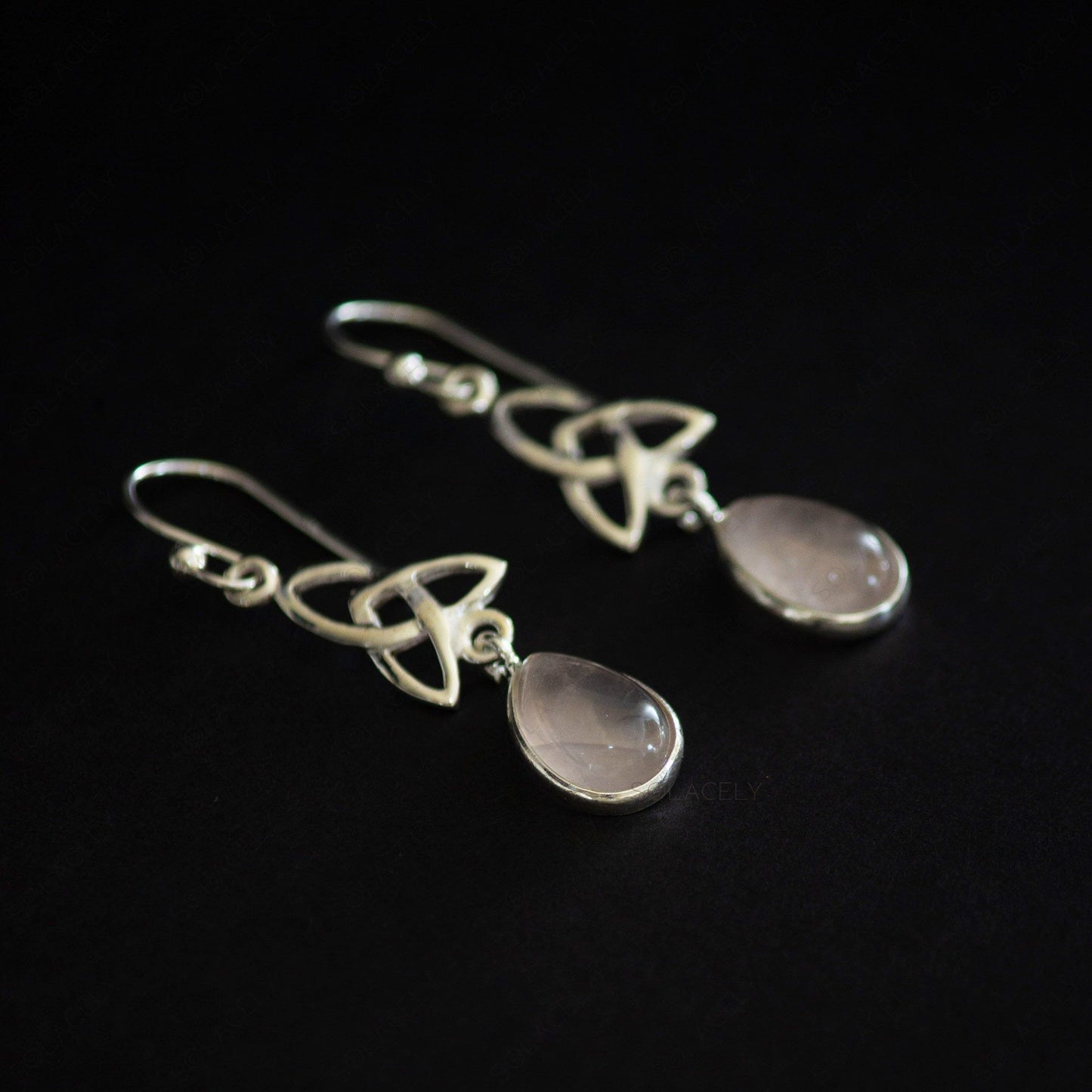 celtic drop earrings rose quartz sterling silver