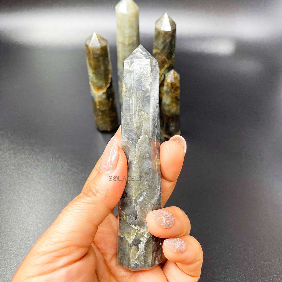 Polished labradorite gemstone crystal tower