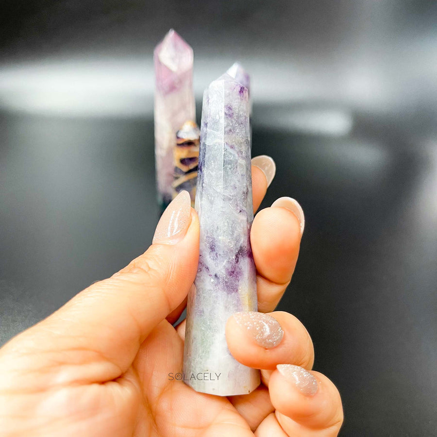Polished rainbow fluorite crystal tower