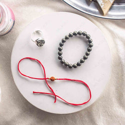 pyrite bracelet, pyrite ring, and rudraksh rakhi gift hamper