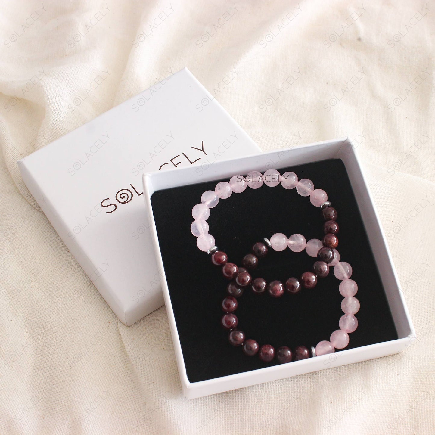 Rose Quartz and Red Garnet Crystal Couple Bracelet in gift box