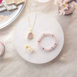 rose quartz bracelet, rose quartz ring and rose quartz pendant rakhi gift hamper for sister