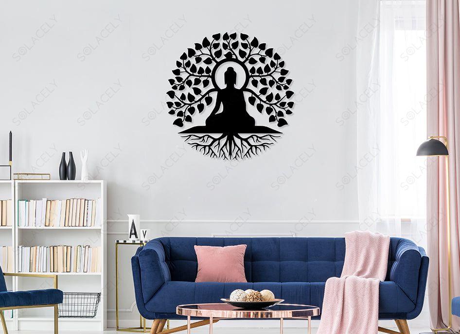 Buddha tree metal wall art hung above a sofa in a living room