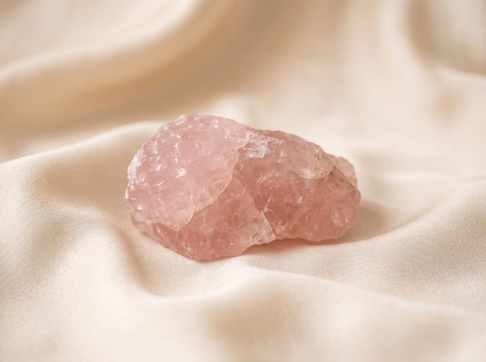Rose quartz sphere, palm stone and tumbled stones arranged on a soft blush background