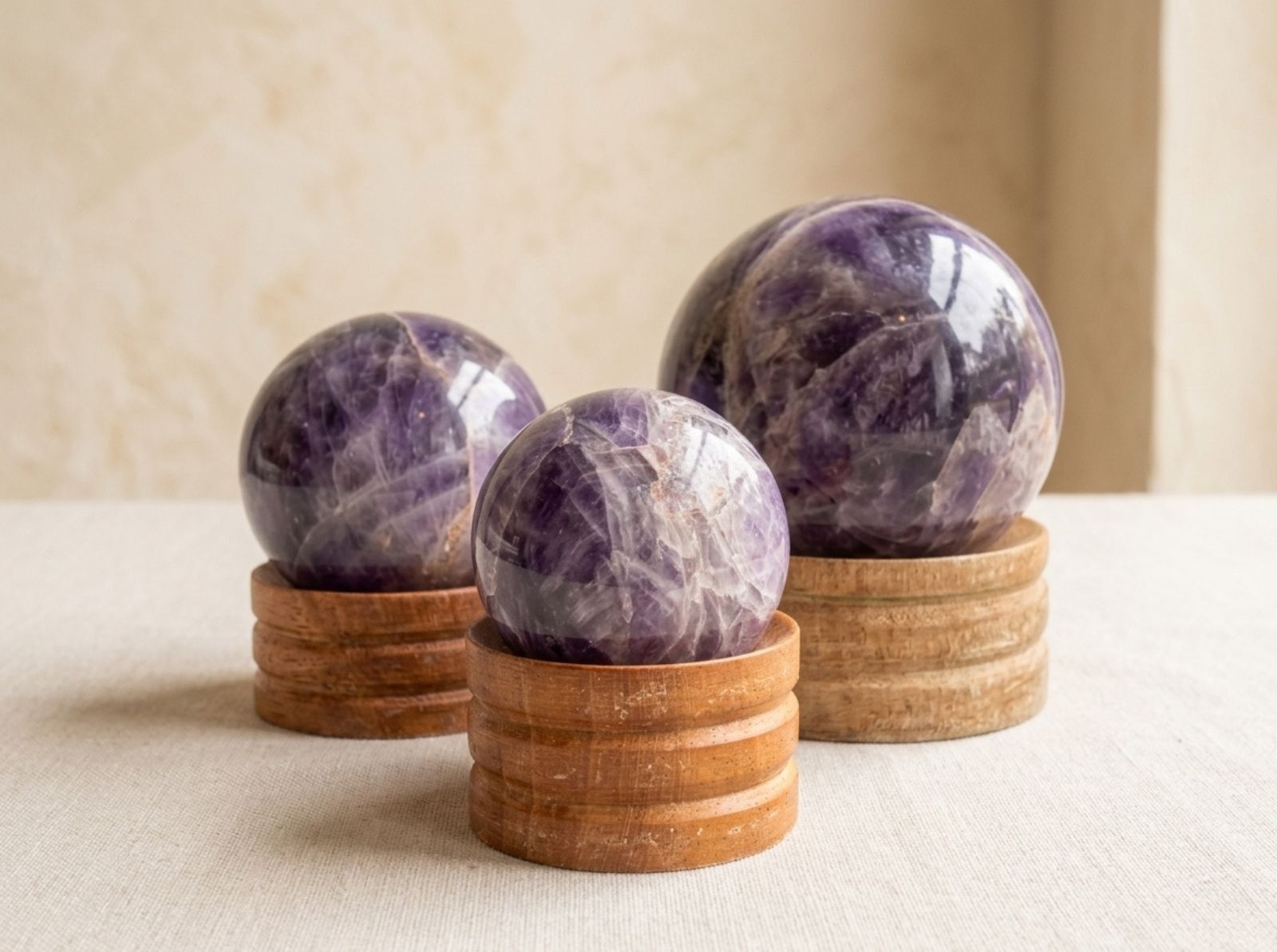 Solacely crystal spheres collection banner, polished stone spheres on stands