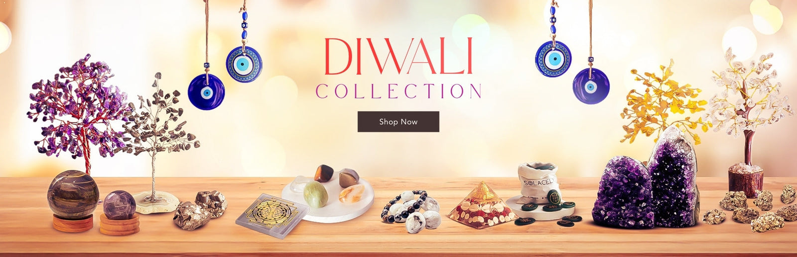 Diwali Gifts collection banner, crystal gifts for prosperity and light