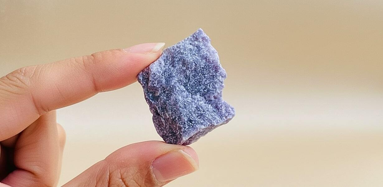 A hand holding a raw lilac lepidolite stone in soft daylight