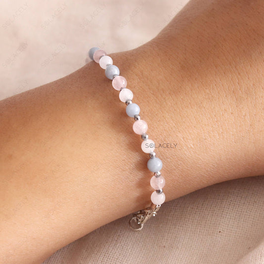 Angelite, Rose Quartz, and Moonstone Beaded Adjustable Bracelet on wrist