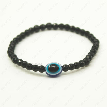 Faceted Black Tourmaline with Evil Eye Bracelet - 4mm Beads