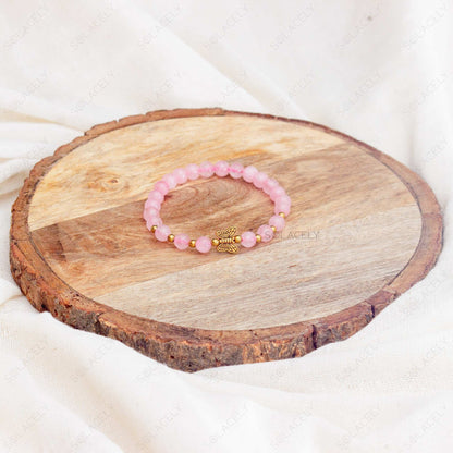 Rose Quartz Bracelet With Golden Butterfly Charm - 6mm Beads