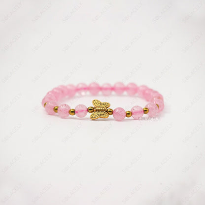 Rose Quartz Bracelet With Golden Butterfly Charm - 6mm Beads