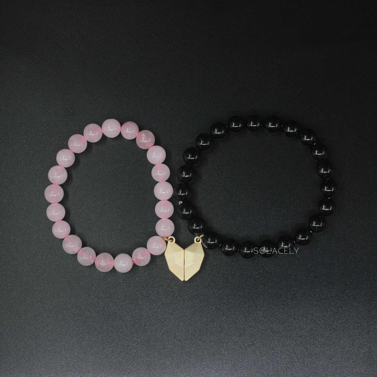 Rose Quartz & Black Tourmaline Heart Clasp Couple Bracelet