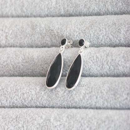 Silver Earrings with Faceted Pear Black Onyx Crystals
