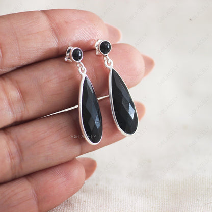 Sterling Silver Pear Cut Black Onyx Crystal Earrings