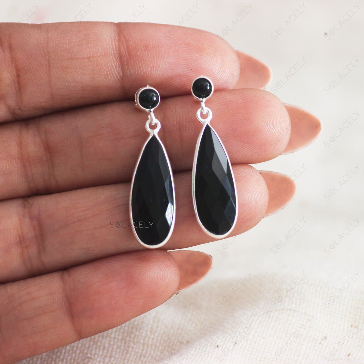 Faceted Pear Shape Black Onyx  Crystal Earrings