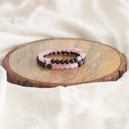 Rose Quartz and Black Tourmaline Matching Couple Bracelets - 6mm Beads