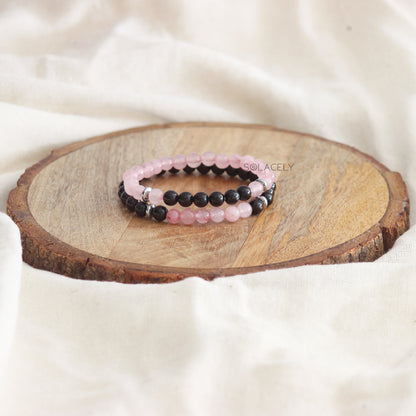 Rose Quartz and Black Tourmaline Matching Couple Bracelets - 6mm Beads