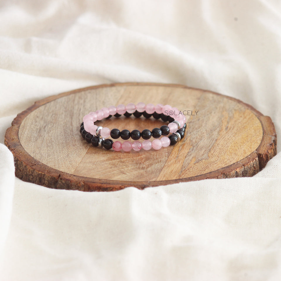 Rose Quartz and Black Tourmaline Matching Couple Bracelets - 6mm Beads