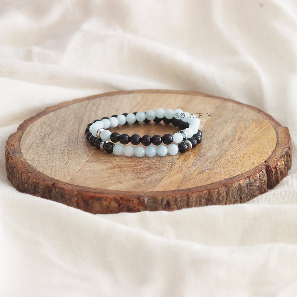Aquamarine and Black Tourmaline Couple Bracelet Set
