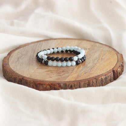 Aquamarine and Black Tourmaline Matching Couple Bracelets - 6mm Beads