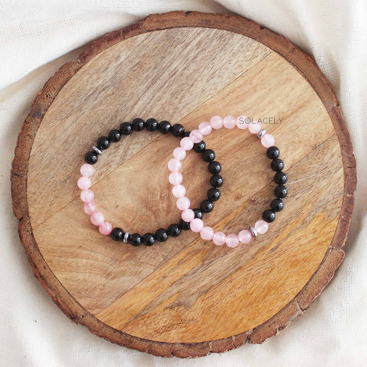 Rose Quartz and Black Tourmaline Couple Bracelet Set