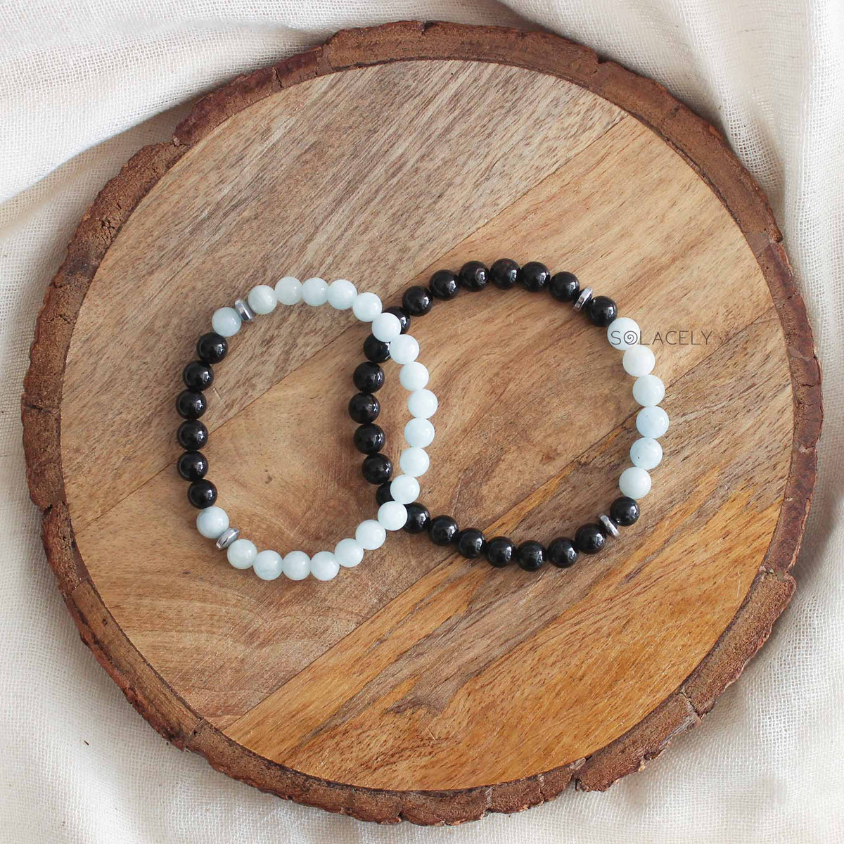 Aquamarine and Black Tourmaline Couple Bracelet Set