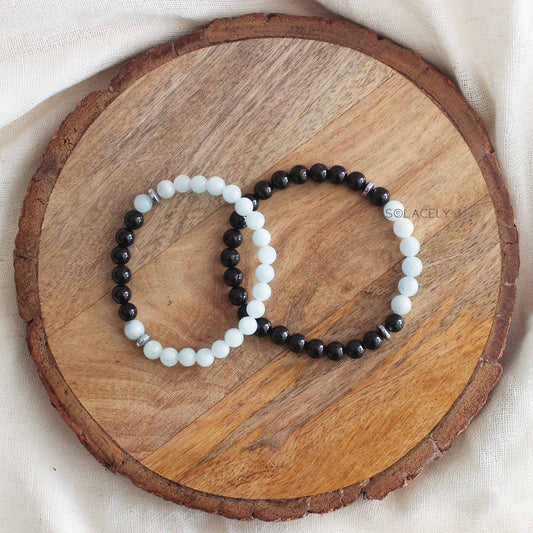 Aquamarine and Black Tourmaline Matching Couple Bracelets - 6mm Beads