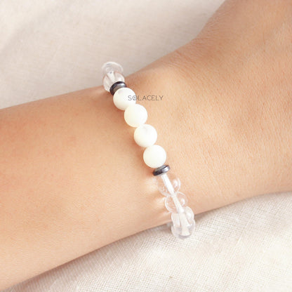 Clear Quartz and Mother of Pearl Bracelet on Wrist
