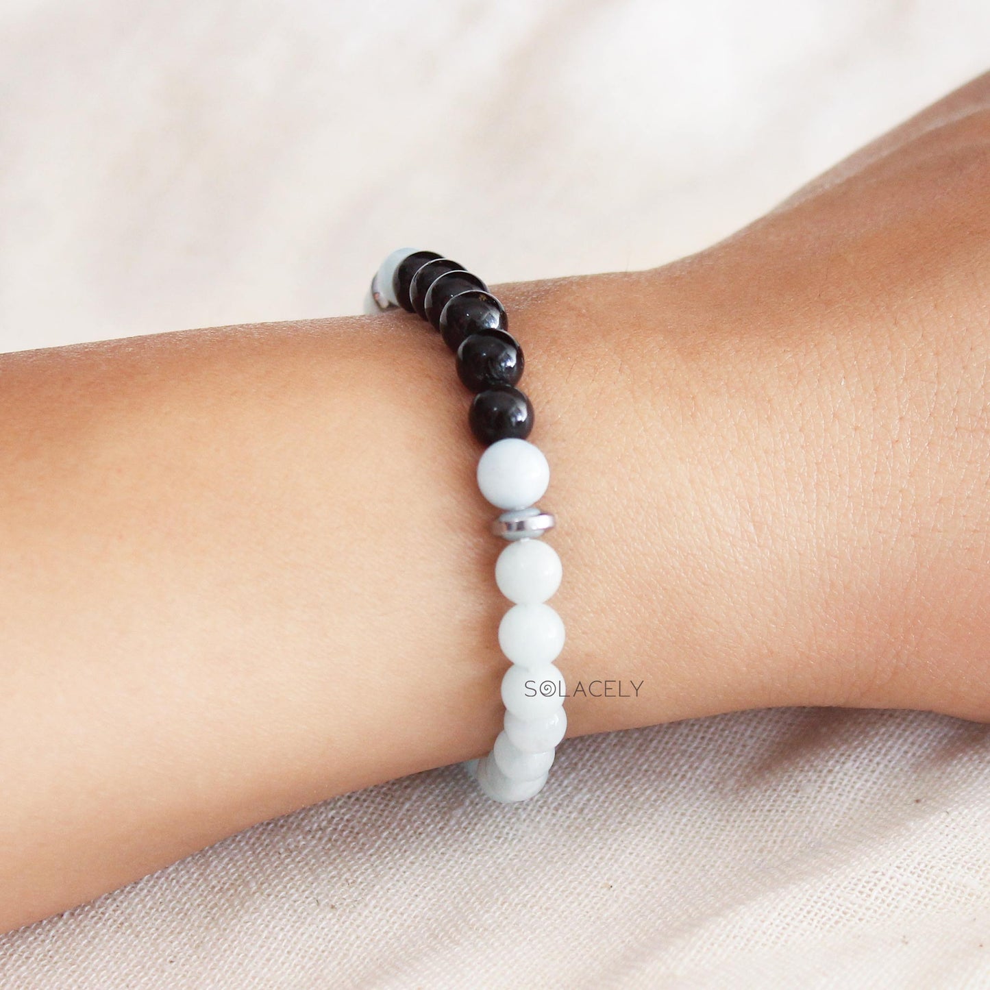 Aquamarine and Black Tourmaline Matching Couple Bracelets - 6mm Beads