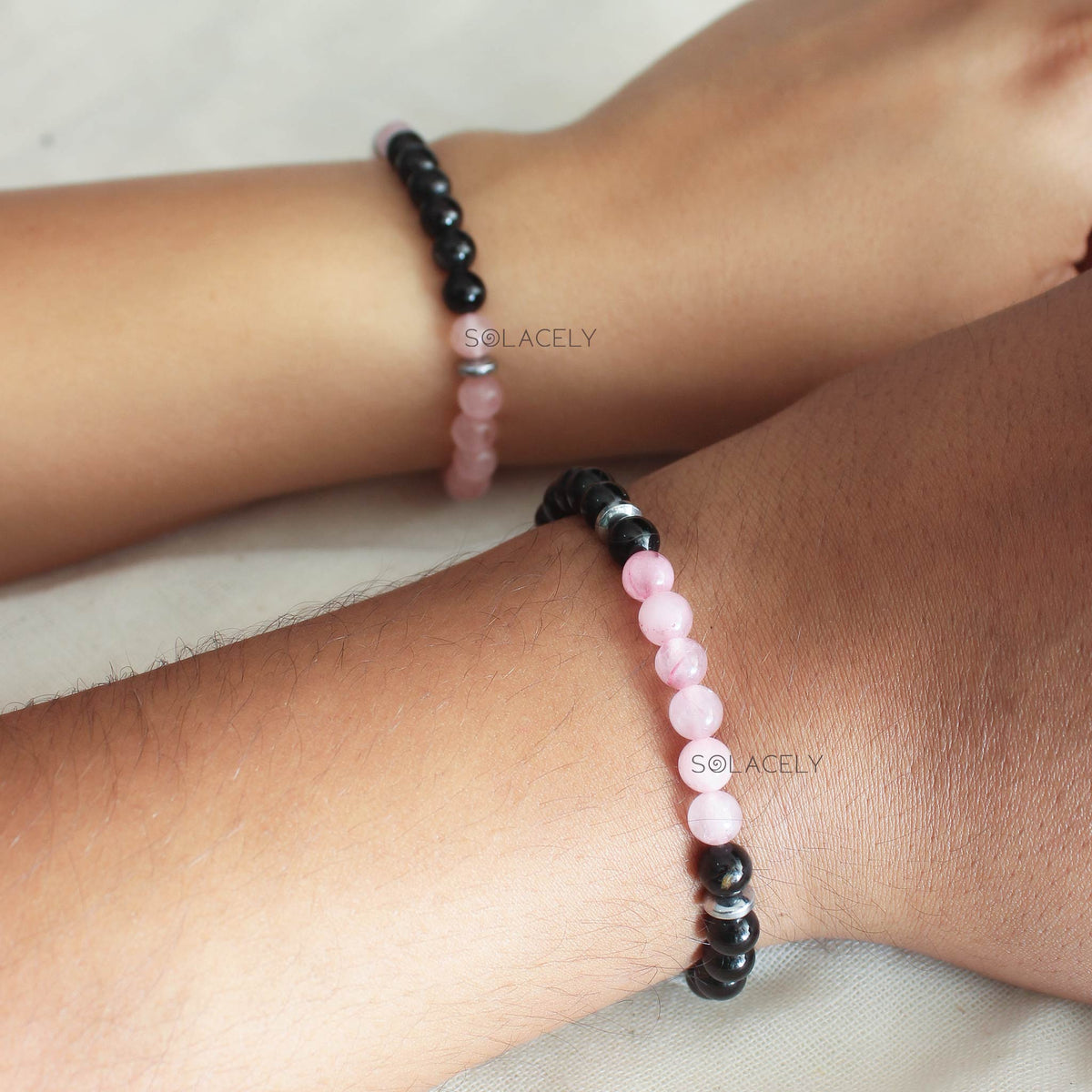 Rose Quartz and Black Tourmaline Couple Bracelet Set