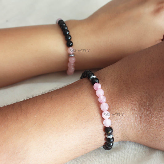 Rose Quartz and Black Tourmaline Matching Couple Bracelets - 6mm Beads
