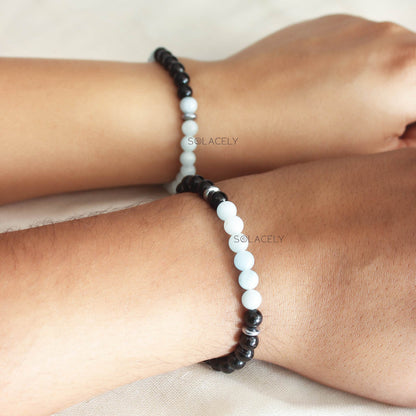 Mother of Pearl and Black Tourmaline Couple Bracelet - 6mm Beads
