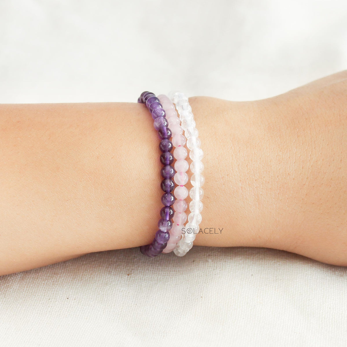 Clear Quartz, Amethyst and Rose Quartz Bracelet Set