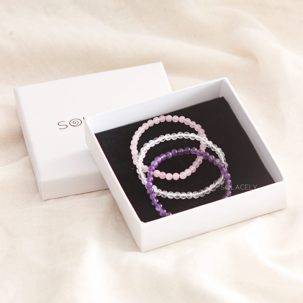 Clear Quartz, Amethyst and Rose Quartz Bracelet Set