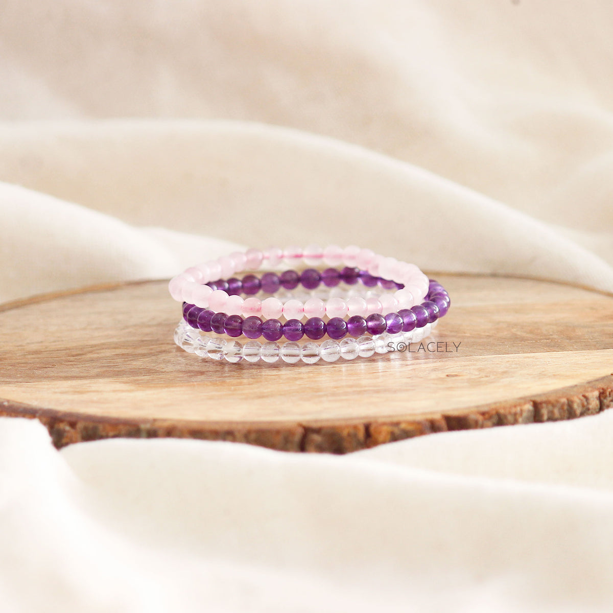 Clear Quartz, Amethyst and Rose Quartz Bracelet Set