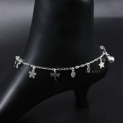 Adjustable Sterling Silver Anklet with Dainty Charms