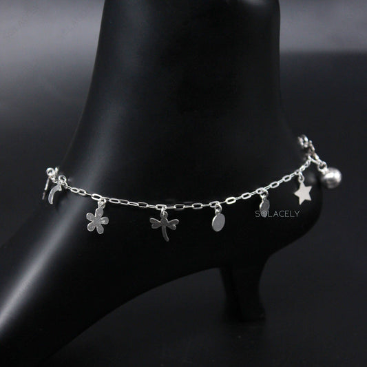 Adjustable Sterling Silver Anklet with Dainty Charms