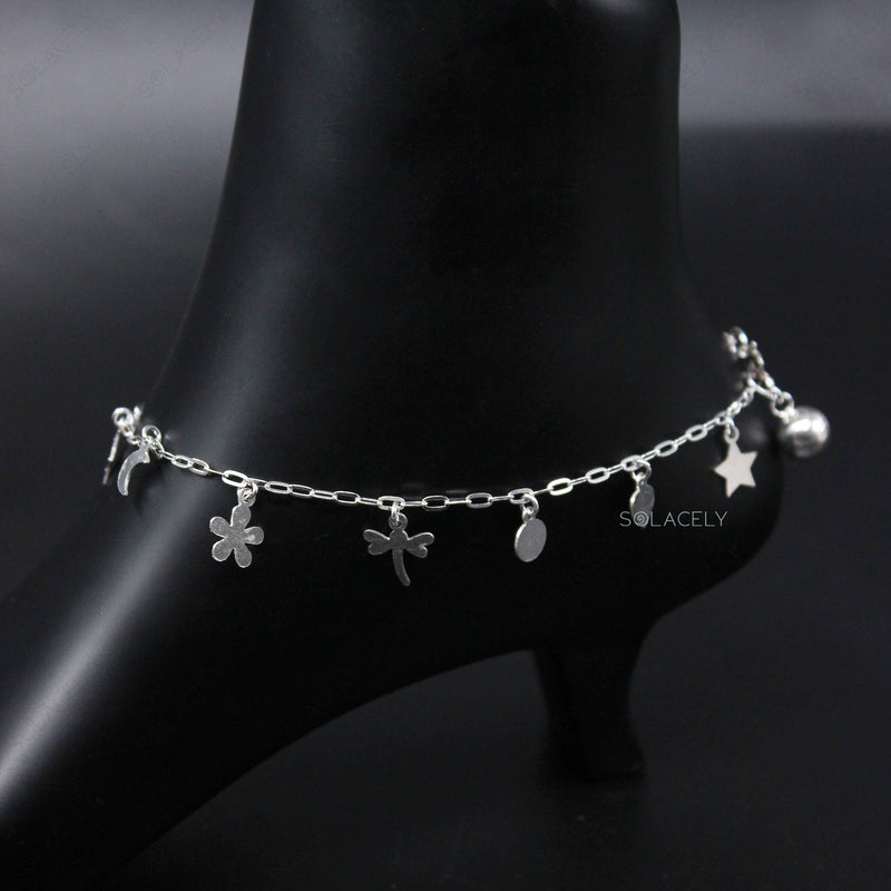 Adjustable Sterling Silver Anklet with Dainty Charms