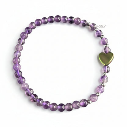 Amethyst 4mm crystal bracelet heart charm