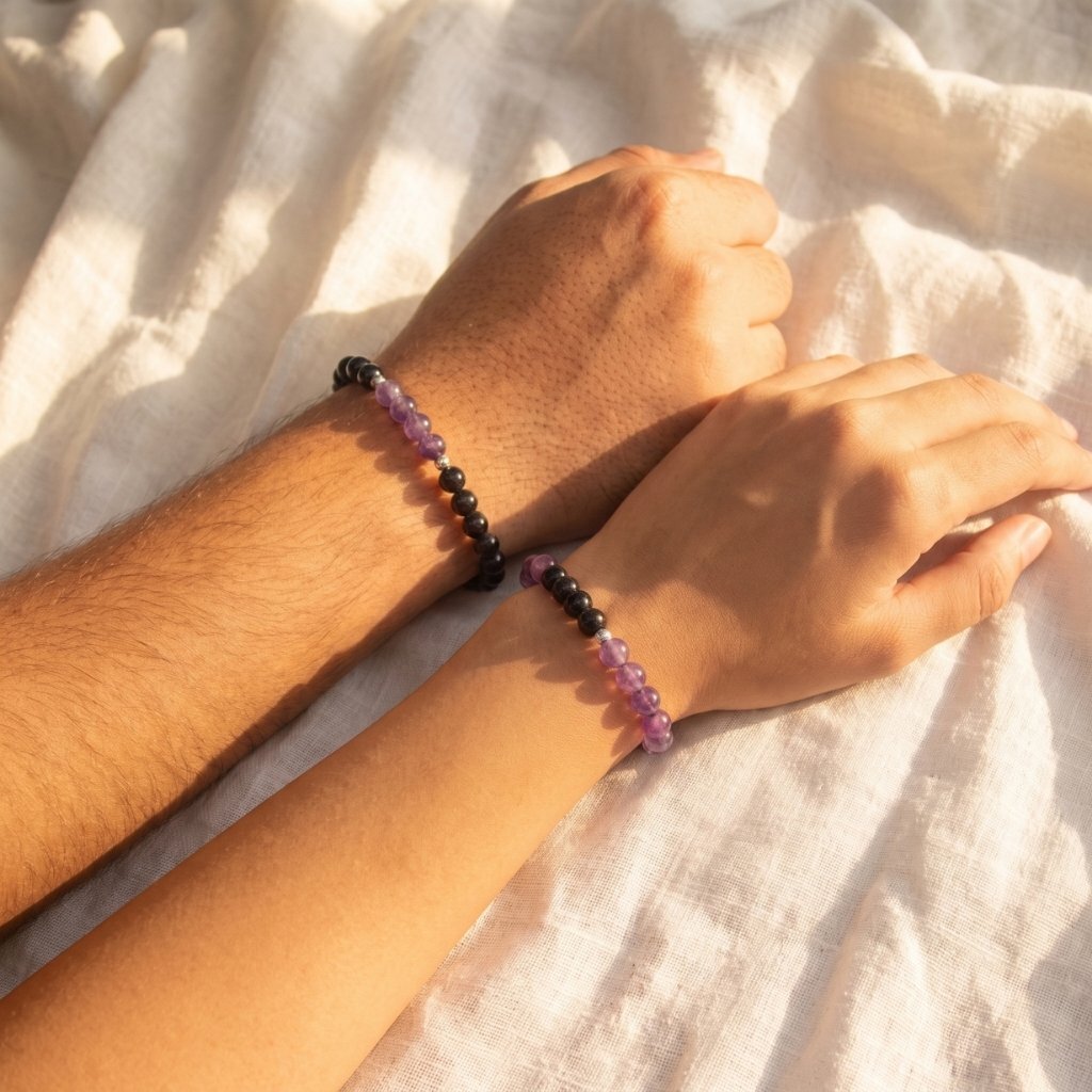 Amethyst and Black Tourmaline Couple Bracelet