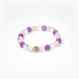 amethyst, rose quartz and clear quartz with tree of life charm
