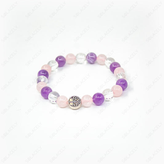 amethyst, rose quartz and clear quartz with tree of life charm