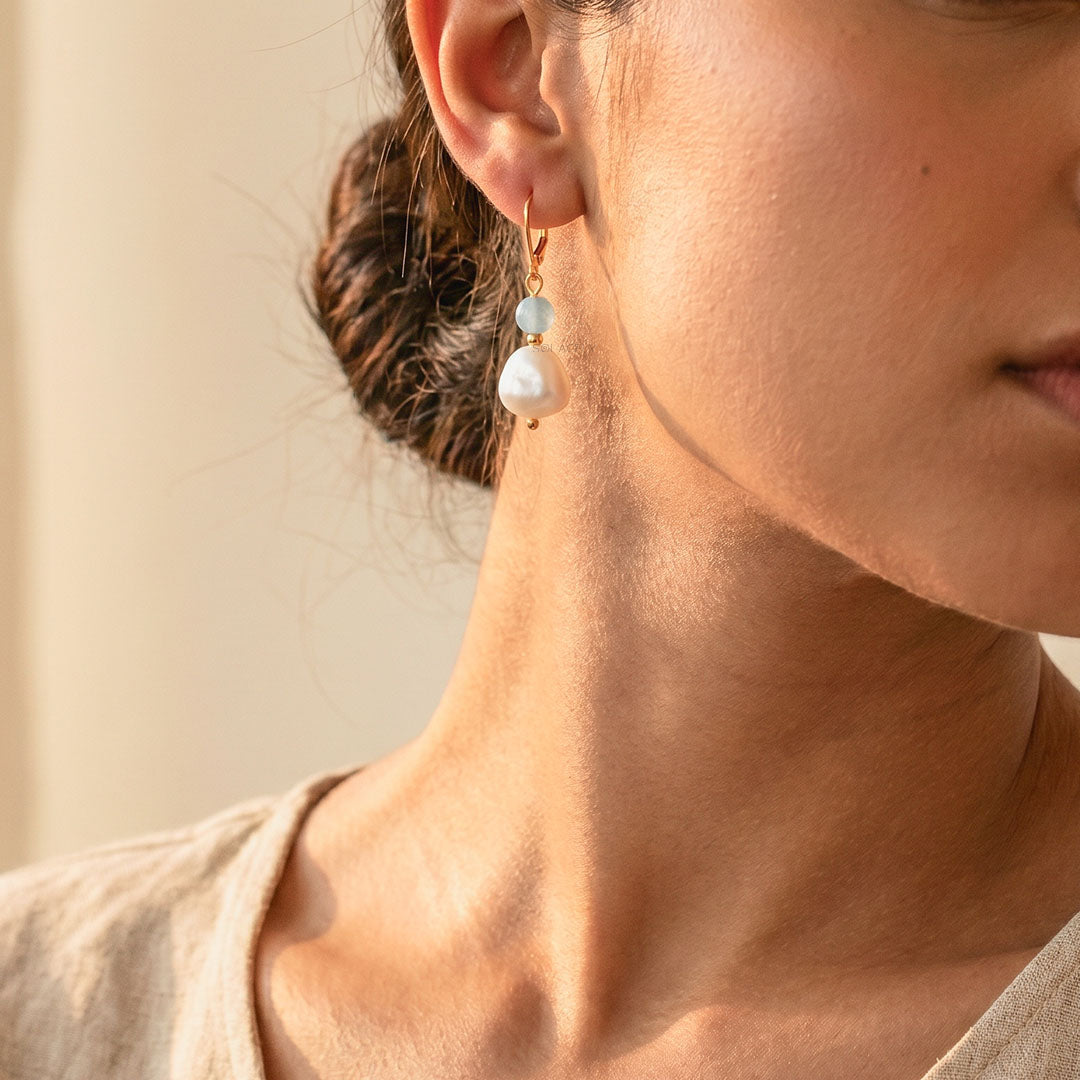 Aquamarine gemstone pearl earrings